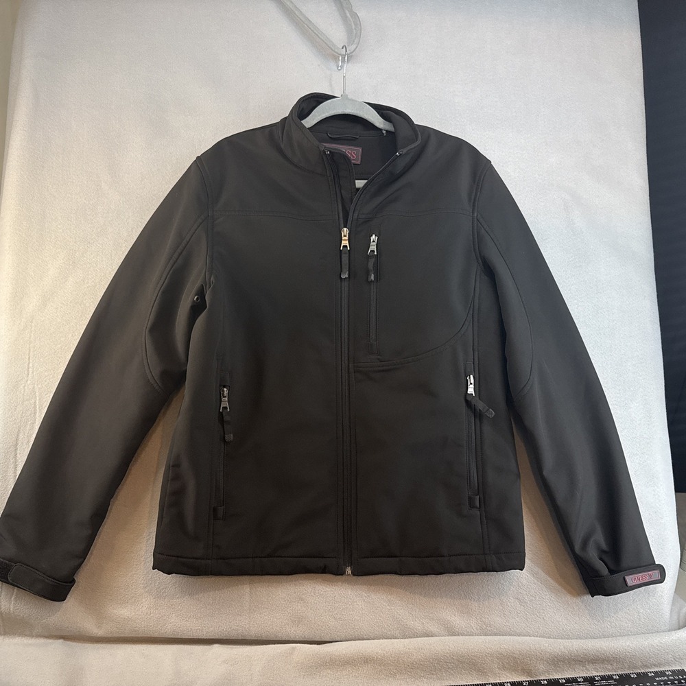 Guess Jacket, Men Medium, Black Softshell, Chest Pocket, Casual